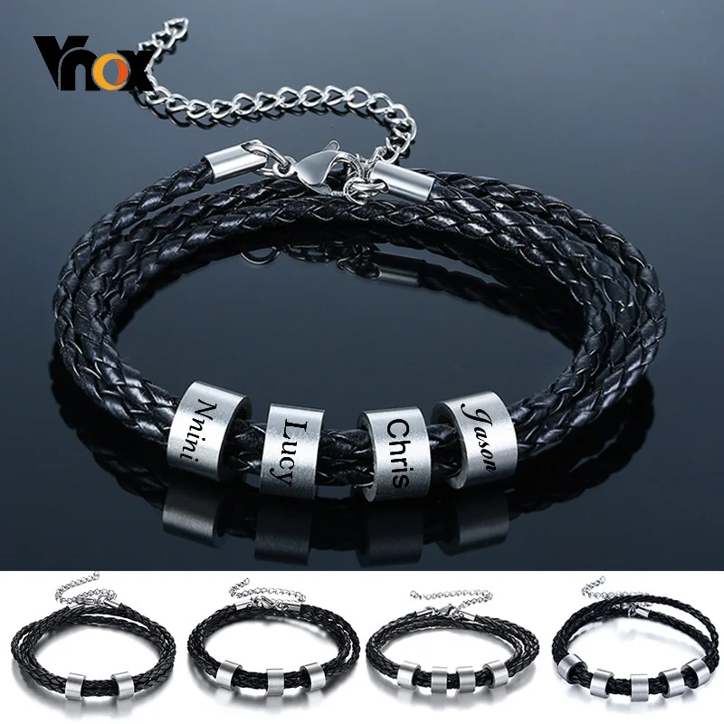 Top Trends: Vnox Free Personalize Family Name Bracelets For Men Layered Leather With Beads Charm Bracelet Couple Anniversary Gift To DAD Son Shoppable Styles