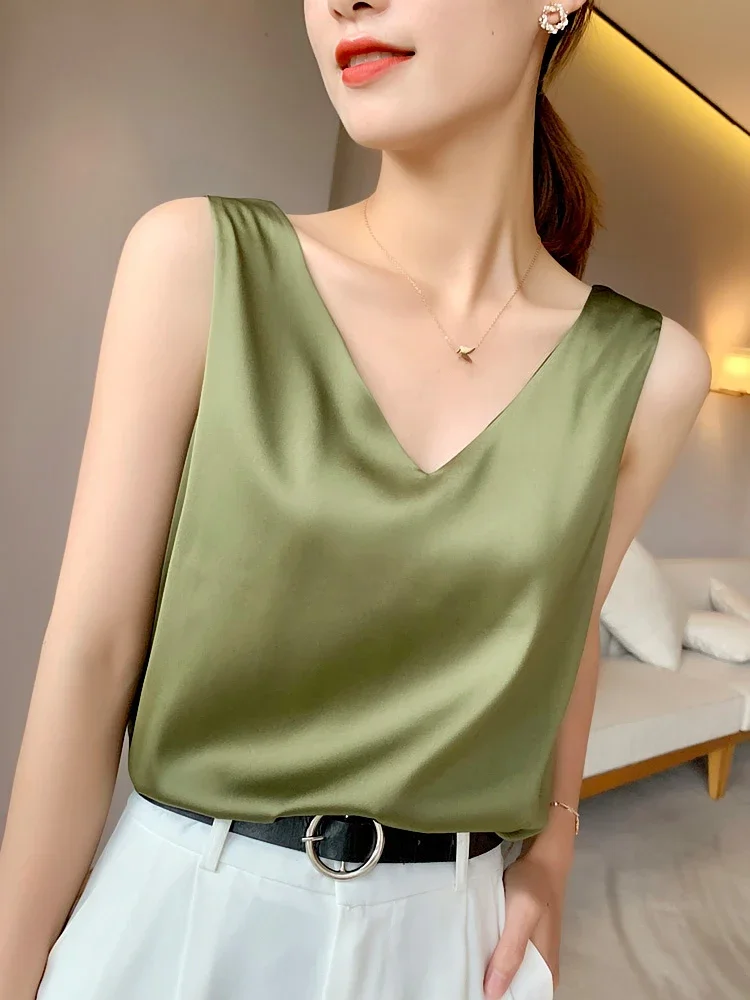 Top Trends: Ice Silk Camisole Women's V-neck Tops White Satin Camis Mulberry Summer Ladies' Crop Top Women Solid Blouse Vest Shoppable Styles