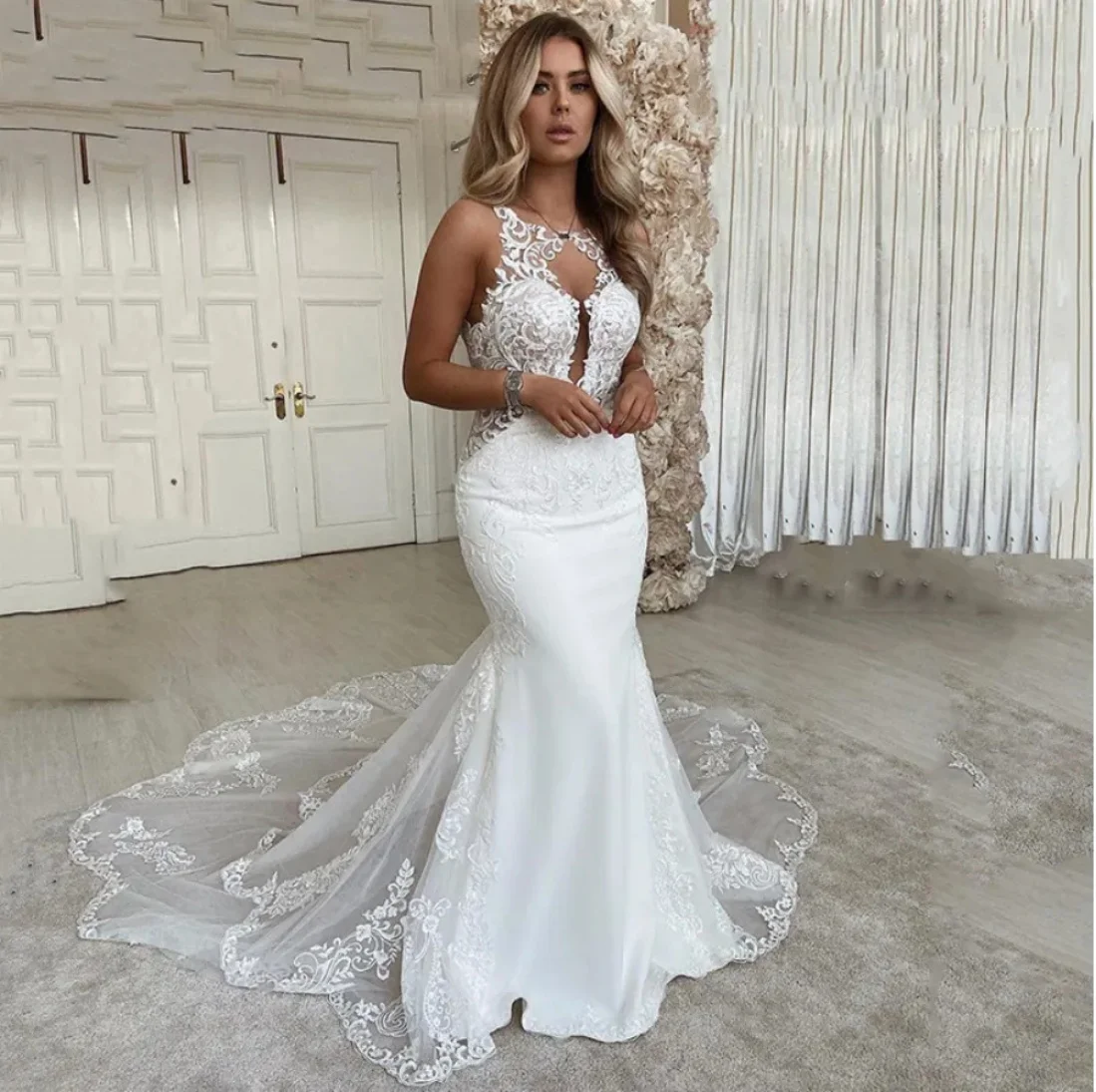 Top Trends: 2024 Vestido De Novie Mermaid Wedding Dresses O-Neck Lace Appliques Sexy Backless Country Boho Style Bridal Beach Party Dress Shoppable Styles