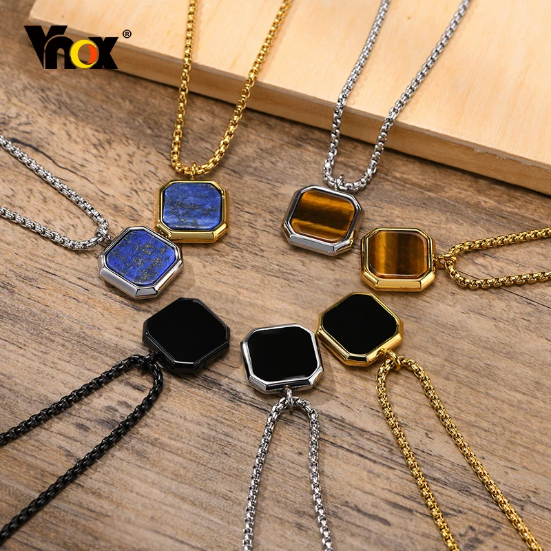 Top Trends: Vnox Stylish Men Square Natural Stone Necklace, Solid Stainless Steel Geometric Polygon Pendant, Casual Punk Boy Gift Jewelry Shoppable Styles