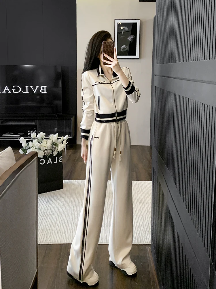 Top Trends: Korean Version White Sports And Casual Set Women's Autumn 2023 New Slim Standing Neck Zipper Top Wide Leg Pants Two Piece Set2XL Shoppable Styles