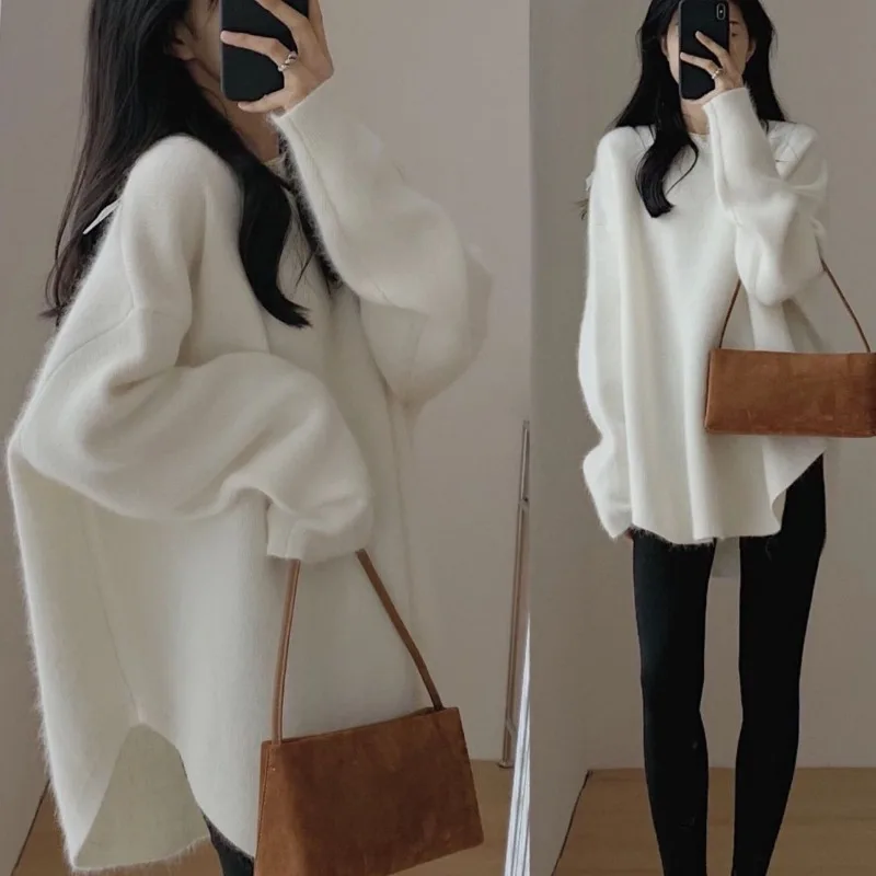 Top Trends: Autumn And Winter Women&#039;s Pullover Round Neck Long Sleeve Solid Asymmetric Flocking Loose Fashion Casual Knit Bottom Tops Shoppable Styles