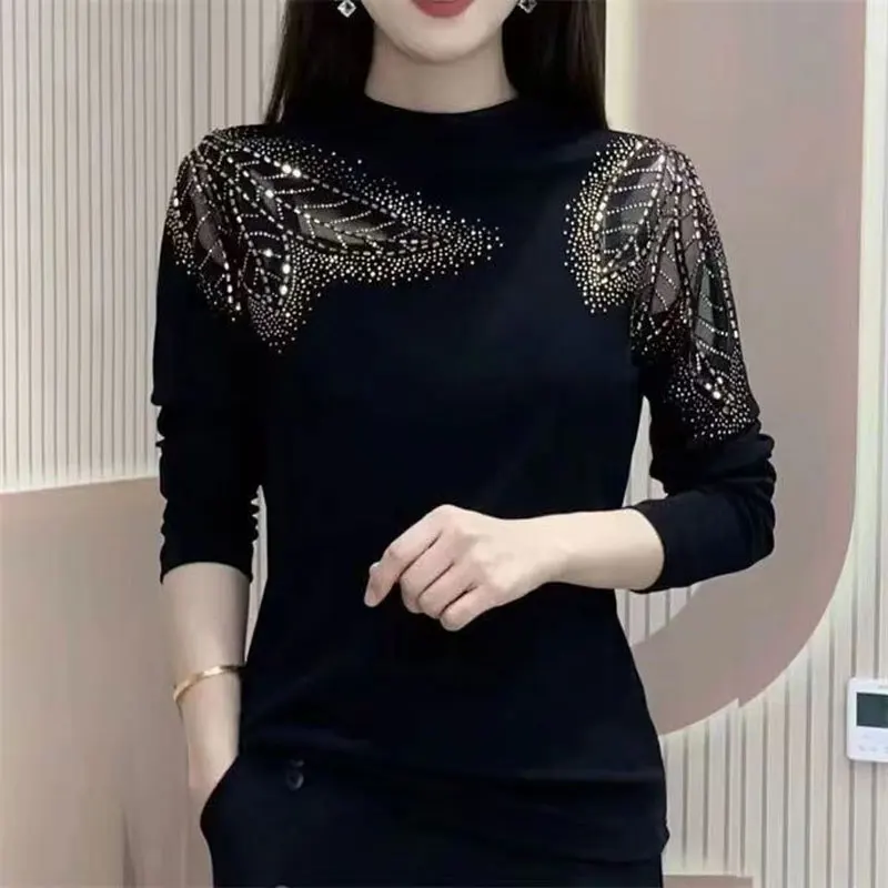 Top Trends: Office Lady Half High Collar Plant Printed T-shirt Spring Autumn Long Sleeve Chic Diamonds Female Clothing All-match Pullovers Shoppable Styles