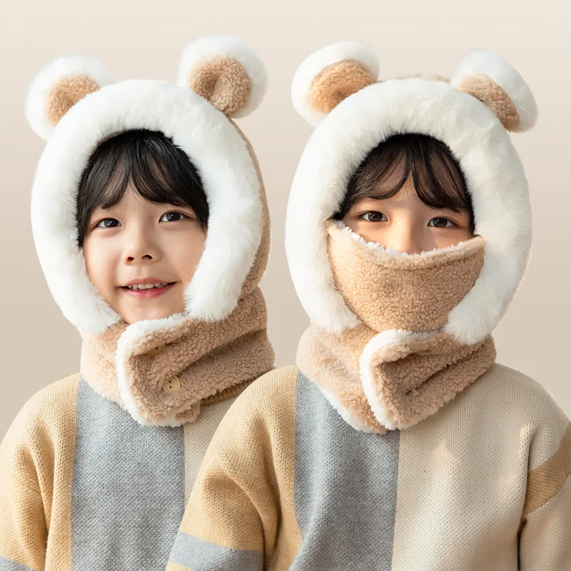 Top Trends: New Children's Hat Cartoon Bear Ear Flags Pullover Cap For Boys And Girls' Baby Winter Hats Scarf Kids Plush Warm Cute Fur Cap Shoppable Styles