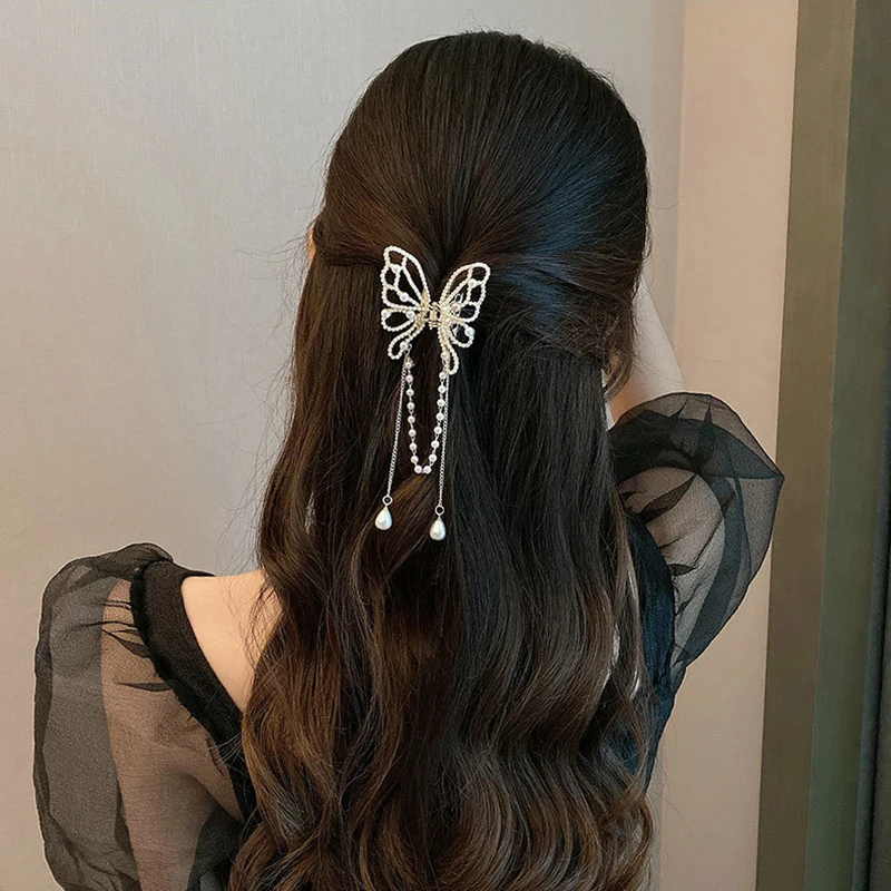 Top Trends: Vintage Butterfly Pearl Tassel Hair Claw Clip Women Korean Style Rhinestone Crab Shark Ponytail Hairpins Hair Accessories Female Shoppable Styles - Image 5