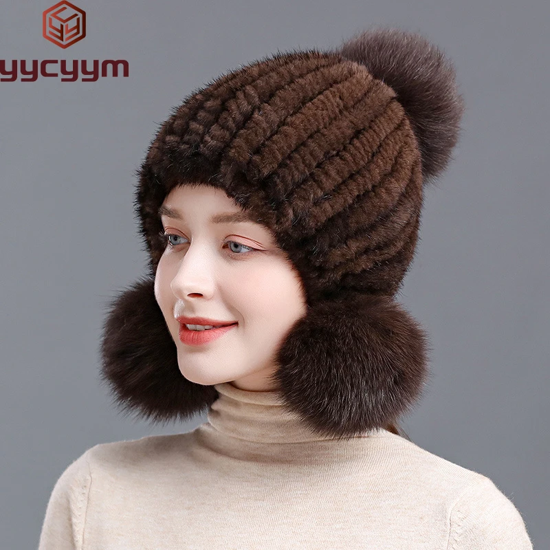 Top Trends: Winter Hot Sale Real Mink Fur Hat For Women Knitted Mink Fur Ear Warm Cap The Spiral Beanies Cap With Fox Fur Pompom On The Top Shoppable Styles