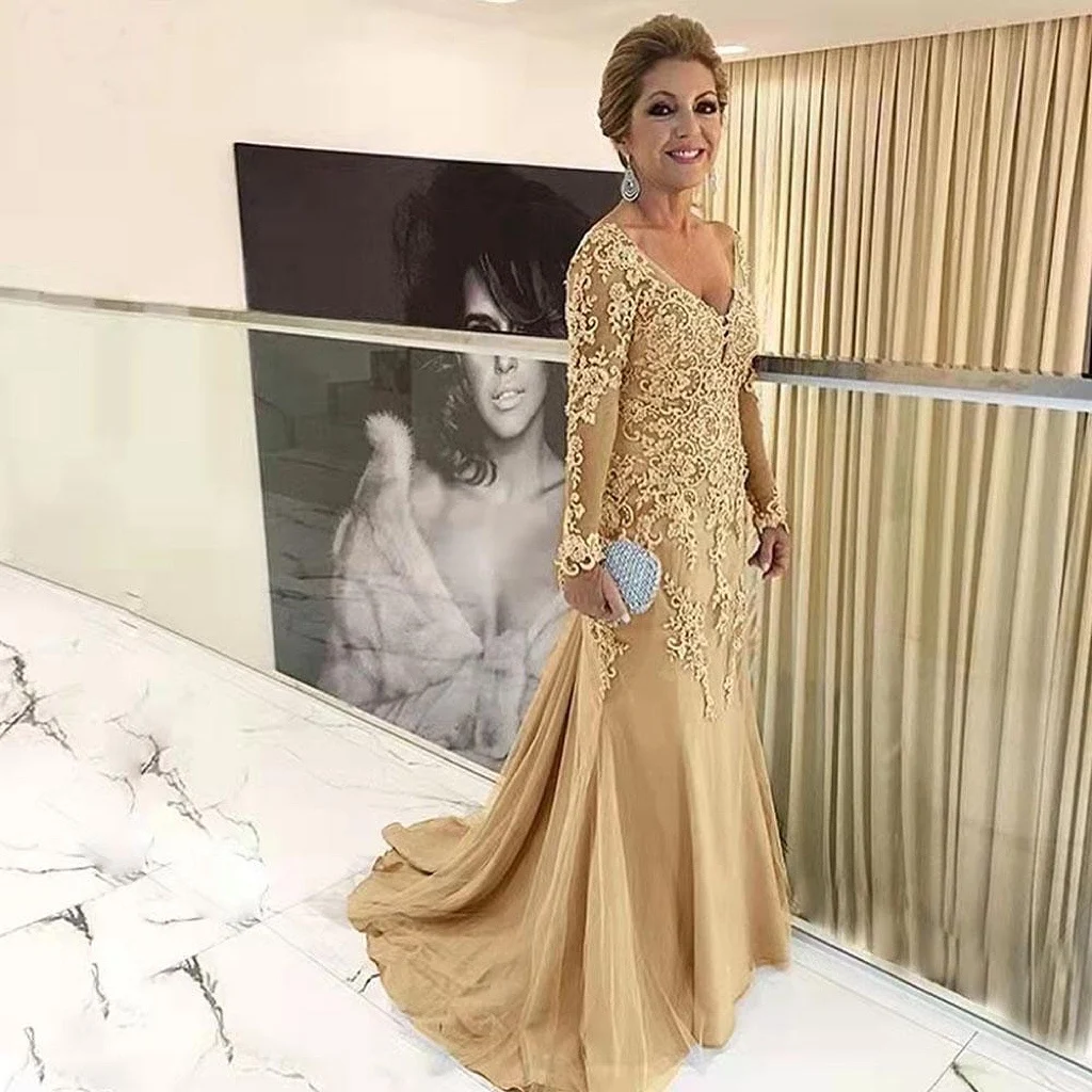 Top Trends: New Gold Lace Mother Of The Bride Dresses Mermaid Long Sleeves Applique V Neck Elegant Mother Dresses For Wedding Formal Party Shoppable Styles