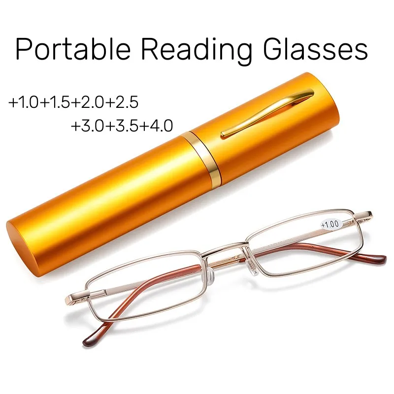 Top Trends: Mini Folding Reading Glasses Women Men + 1.0 To 4.0 Alloy Portable Container Presbyopia Pen Glasses With Box Computer Eyewear Shoppable Styles