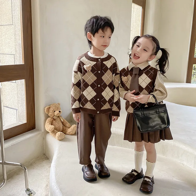 Top Trends: Fashion Children Boy Girls Matching Clothes Plaid Knitting Sweater Tops Pleated Skirt Pant Bear Outwear Spring Fall Clothing Set Shoppable Styles