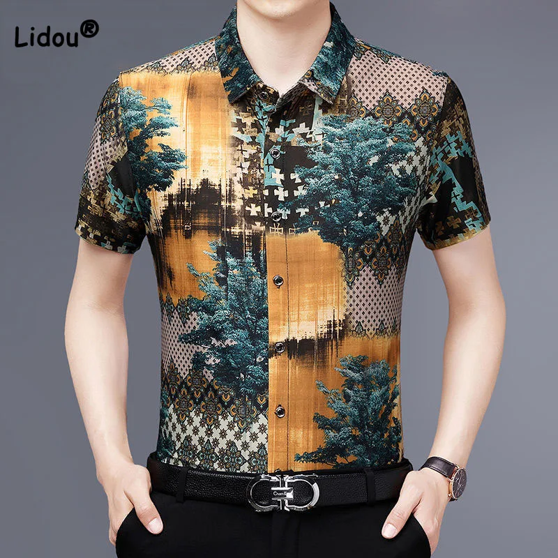 Top Trends: Vintage Male Clothes Casual Single-breasted Printed Shirt Summer Quick Dry Breathable Fashionable Short Sleeve Polo-Neck Shirt Shoppable Styles