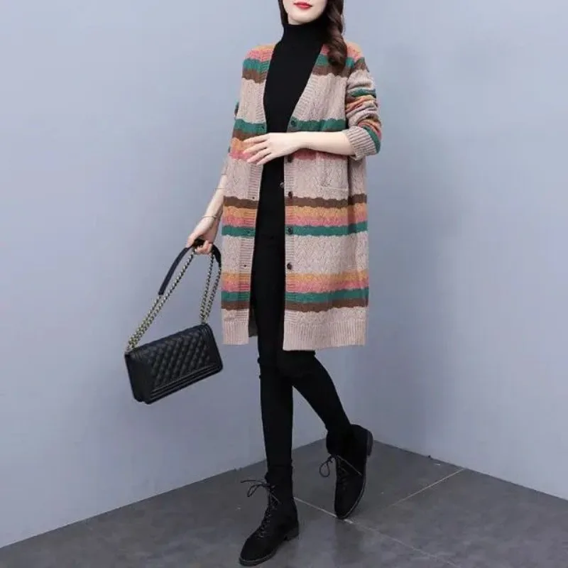 Top Trends: Women&#039;s Striped V-neck Long Sleeve Patchwork Sweater Autumn And Winter Fashion Loose Midi Knitted Cardigan Button Pocket Coat Shoppable Styles