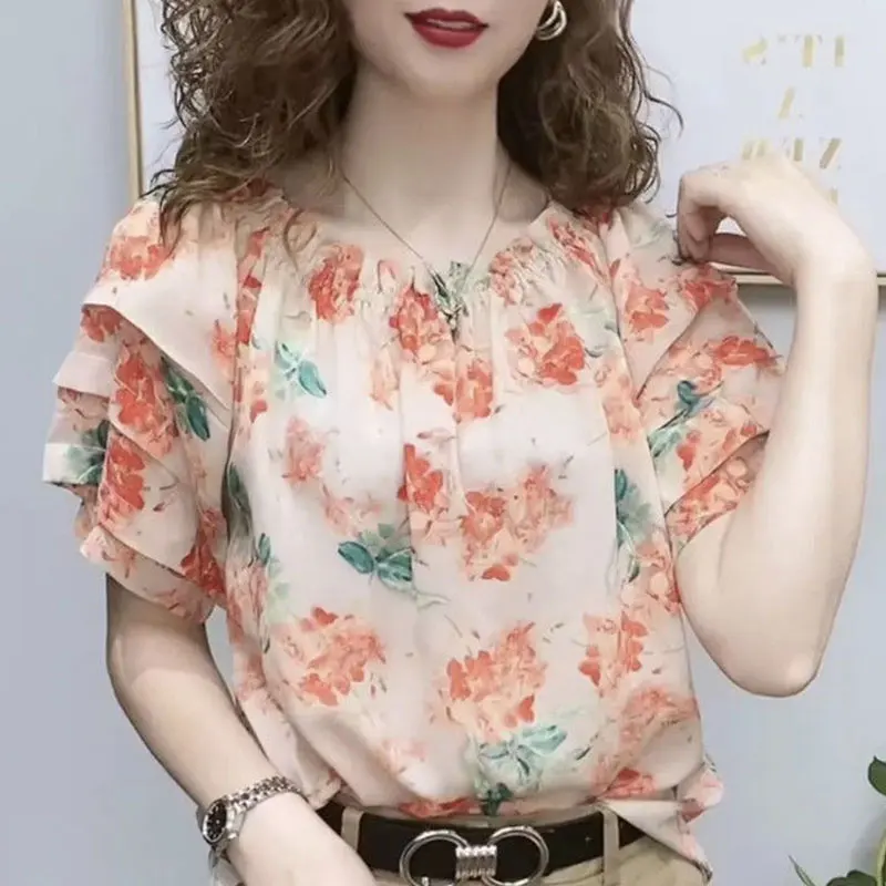 Top Trends: Casual Ruffles Patchwork Blouse Stylish Ink Painting Women's Clothing Loose Short Sleeve Summer Commute O-Neck Shirring Shirt Shoppable Styles