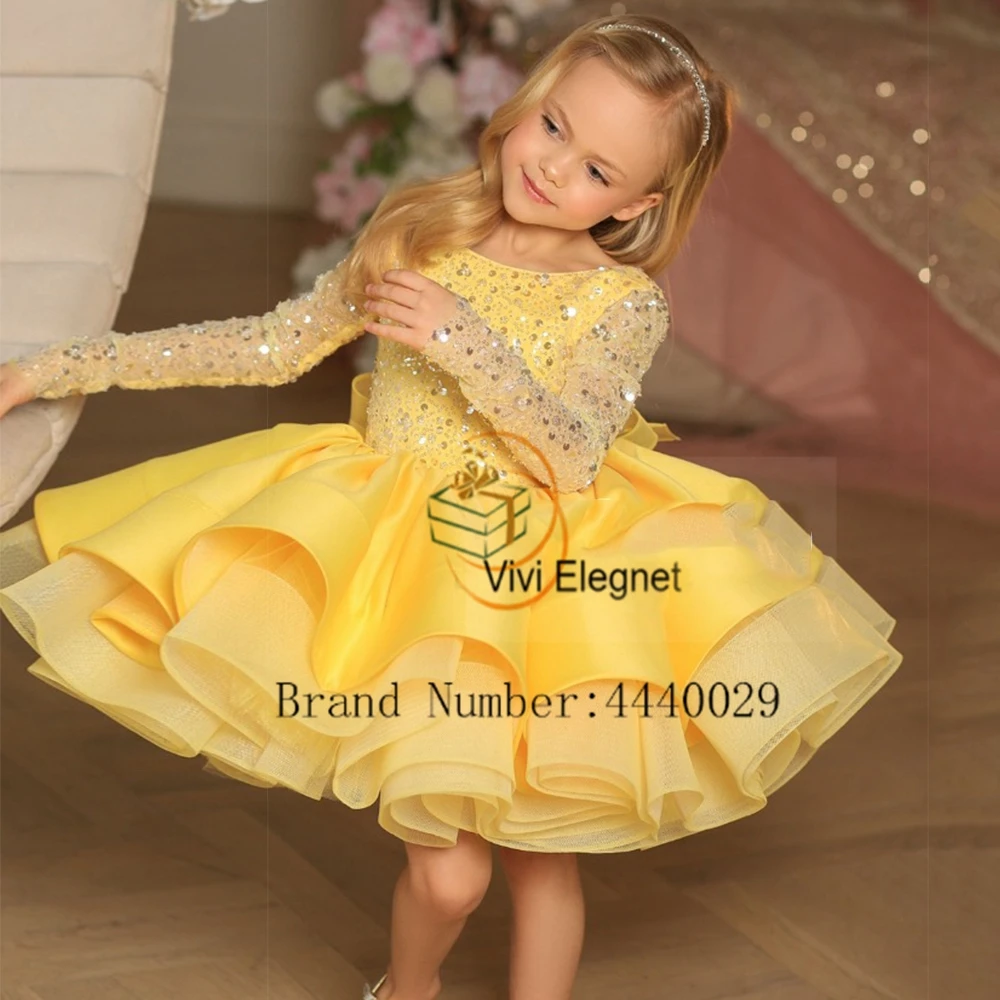 Top Trends: Charming Gold Flower Girl Dresses For Girls Scoop Full Sleeve Wedding Party Gowns With Sequined Tutu 2023 Tiered فساتين اطفال لل Shoppable Styles