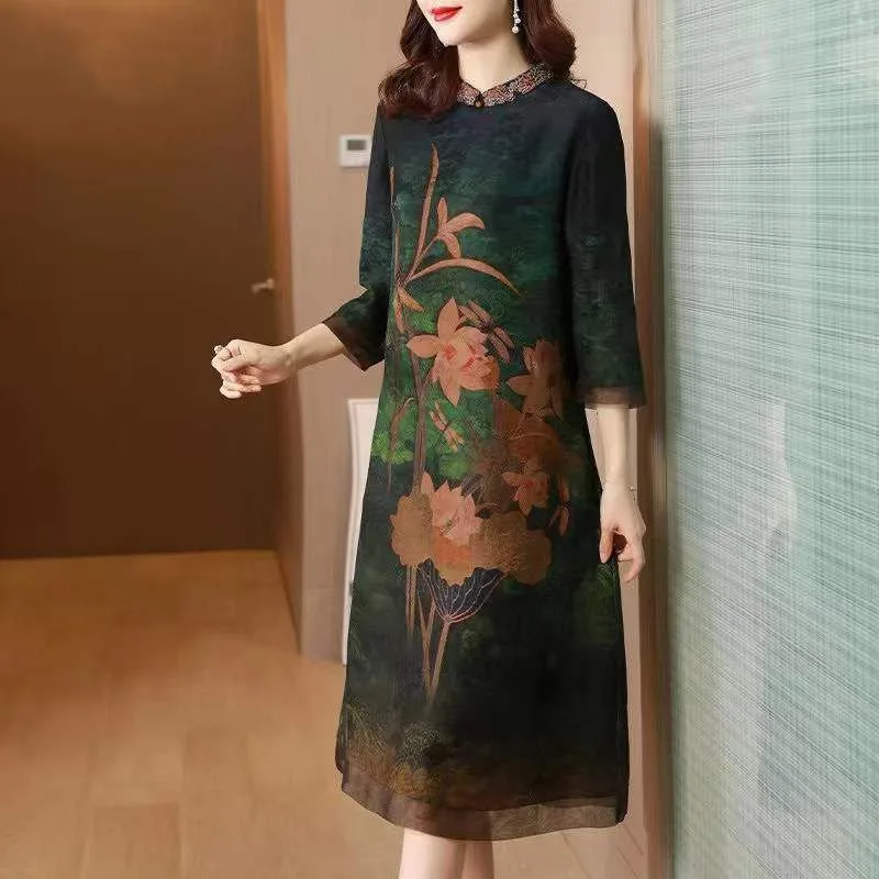 Top Trends: Indie Folk Vintage Silk Midi Floral Dress Oversized Spring Summer Short Sleeve Dresses Elegant Female Casual Gauze Pullover Robe Shoppable Styles