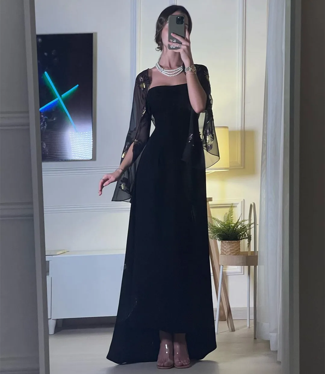 Top Trends: Saudi Arabia Elegant Formal Evening Dresses Printed Prom Dresses Long Sleeves Spaghetti Straps Ankle-Length Party Gowns Shoppable Styles