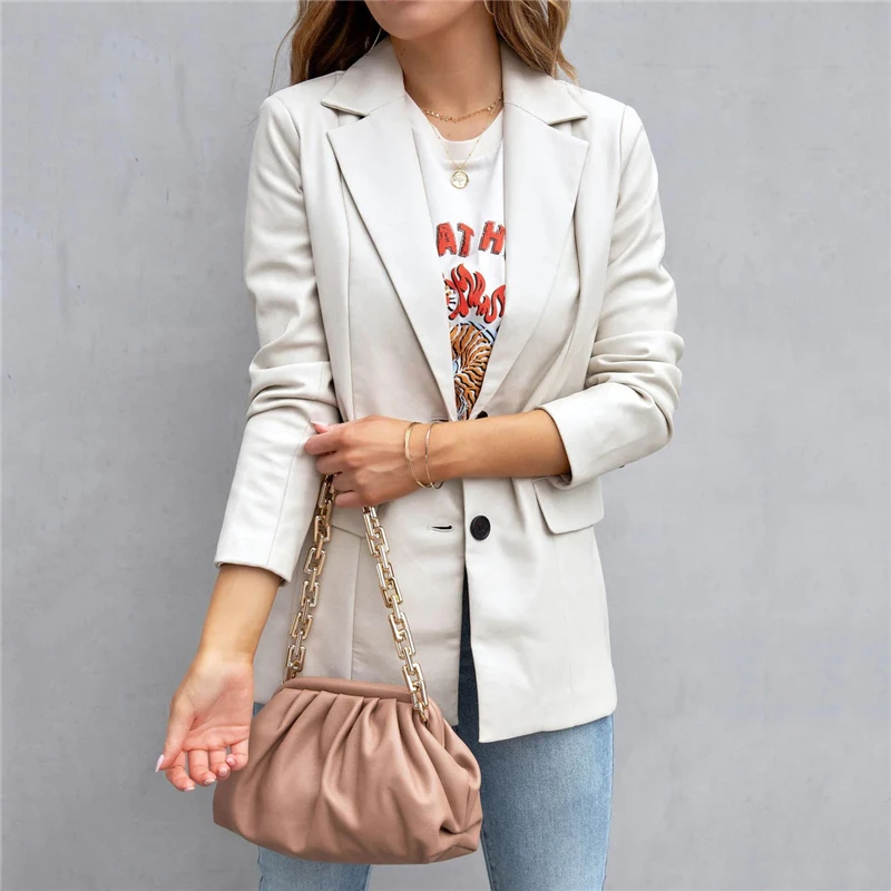 Top Trends: 2023 Autumn Women Vintage PU Leather Long Sleeve Elegant Fashion Blazers Female Korean Casual Streetwear Solid Tunic Suit Coats Shoppable Styles