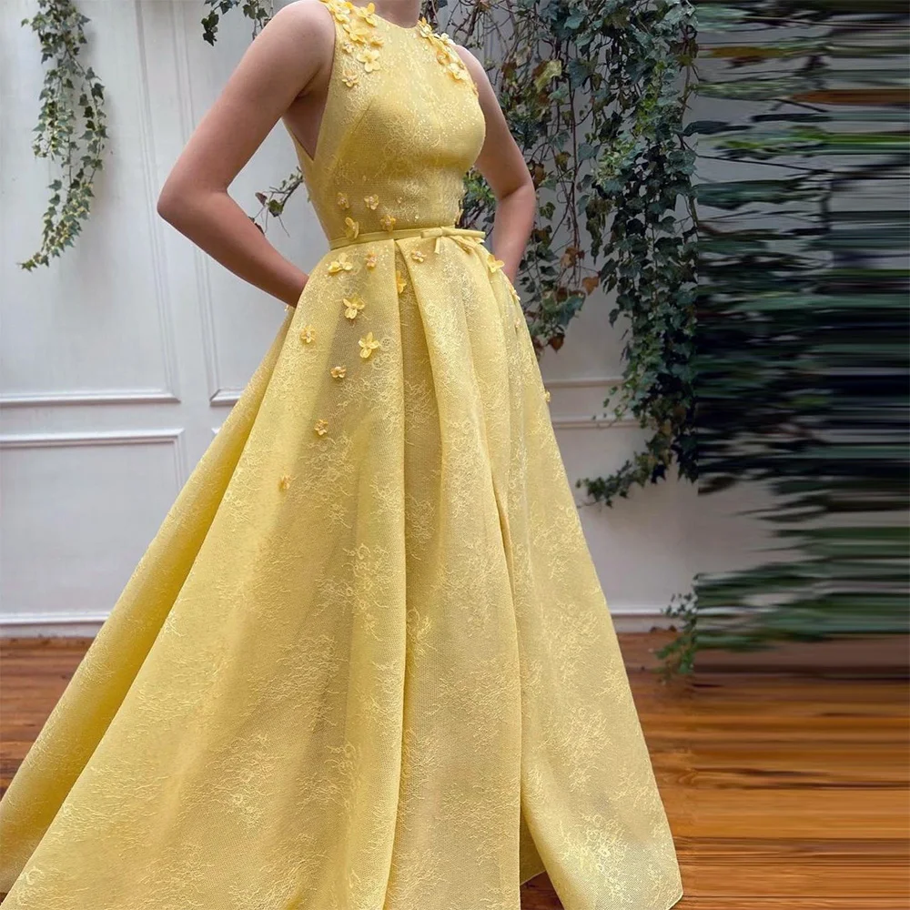 Top Trends: Sevintage Baby Yellow 3D Flowers Tulle Prom Dresses O-Neck Sleeveless Pleat Ruched A-Line Evening Gowns Wedding Party Dress Shoppable Styles