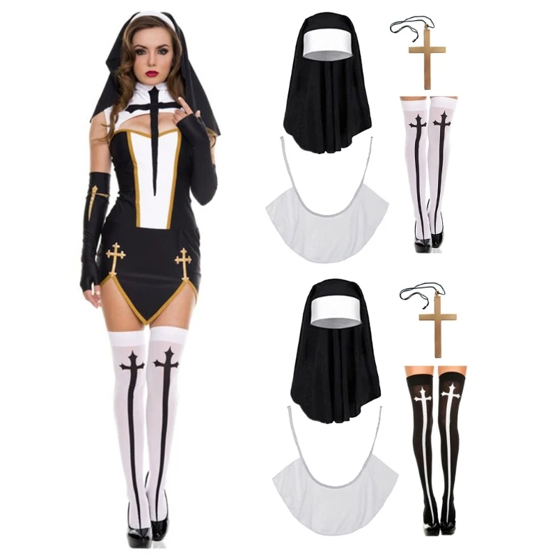 Top Trends: 634C 2 / 3 / 4 Halloween Nun Costume Accessories Nun Hat Pendant Necklace Thigh High Sock For Halloween Cosplay Party Shoppable Styles