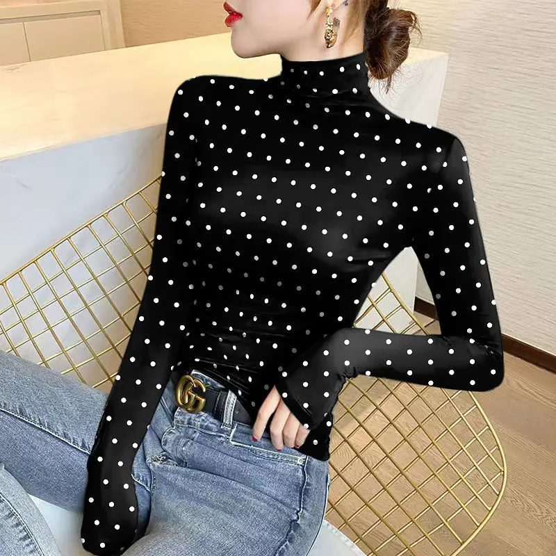 Top Trends: Women&#039;s Solid Color Half High Neck Thin Bottom Autumn And Winter New Fashion Slim Polka Dot Long Sleeve T-shirt Pullover Tops Shoppable Styles