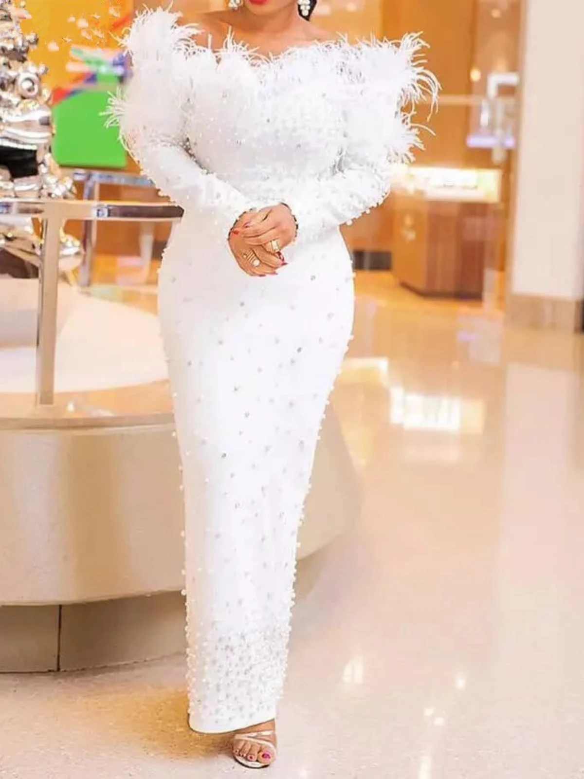 Top Trends: New White Beads Elegant Evening Dress Women's Wear Slim Feather Neckline Beaded Dress Tassel Bandage Long Sleeve Off Shoulder Shoppable Styles