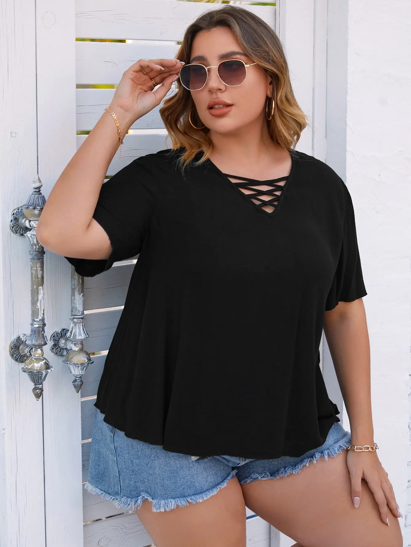 Top Trends: Finjani Criss Cross Front Solid Tee Short Sleeve Loose Plus Size 4XL Summer Fashion Casual Women‘s Tops Shoppable Styles