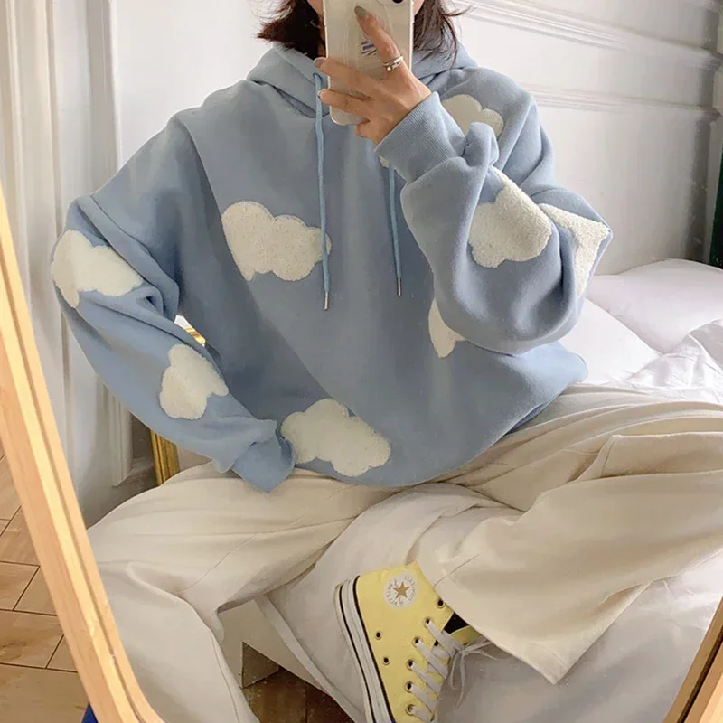 Top Trends: Women Autumn Winter Long Sleeve Casual Pullover 2023 Blue Sky White Clouds Soft Hooded Top Lady Sweater Jumper Loose Sweatshirt Shoppable Styles