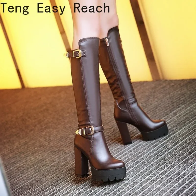 Top Trends: Women's Boots Winter New Style Fashion Belt Buckle Round Head Zipper Thick Heel High Heel Women's High Boots 34-39 Black Boots Shoppable Styles