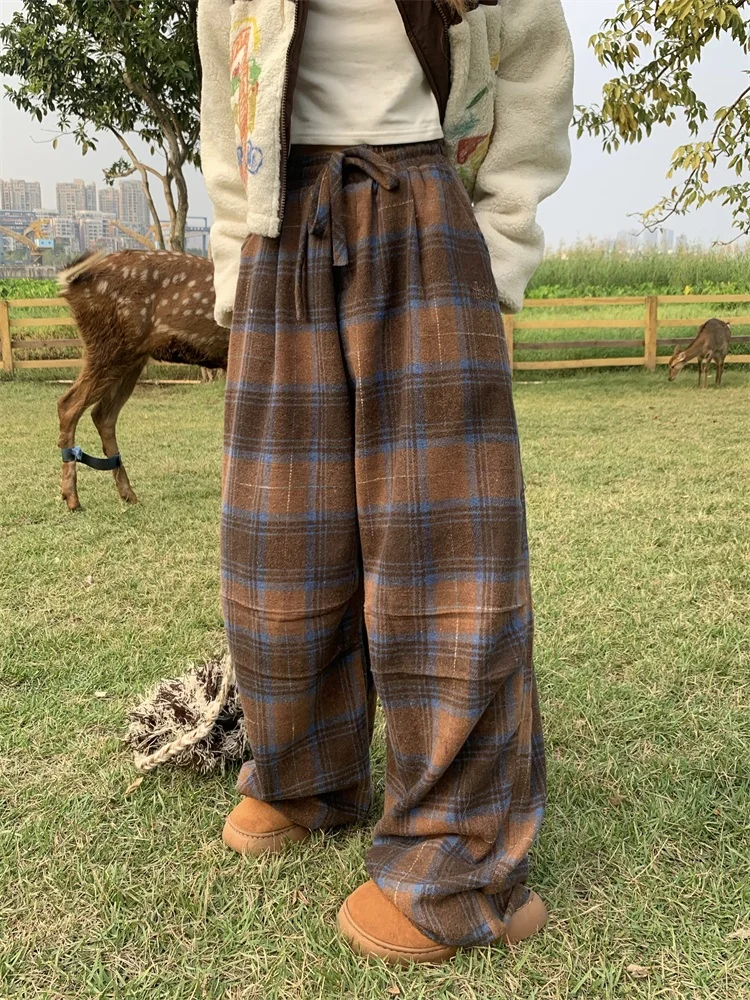 Top Trends: QWEEK Y2K Vintage Brown Plaid Pants Women Harajuku Retro 90s Wide Leg Checked Trousers Oversized Korean Fashion Sweatpants Shoppable Styles