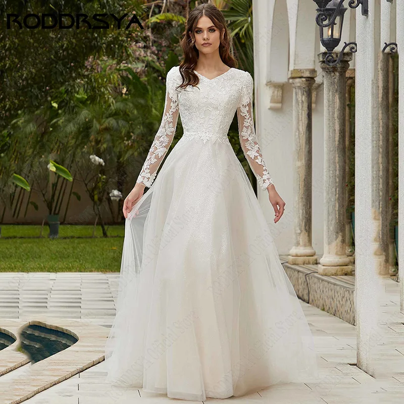 Top Trends: RODDRSYA Lace Wedding Dresses Long Sleeves Civil High V-neckline Vestidos De Novia Sparkling A-line Tulle Bridal Gown Plus Size Shoppable Styles