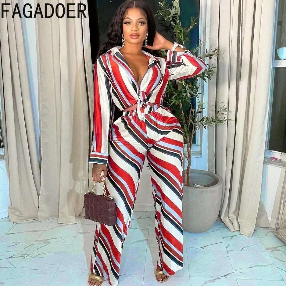 Top Trends: FAGADOER Elegant Lady Stripe Printing Two Piece Sets Women Turndown Collar Long Sleeve Shirt + Wide Leg Pants Outfits Tracksuits Shoppable Styles