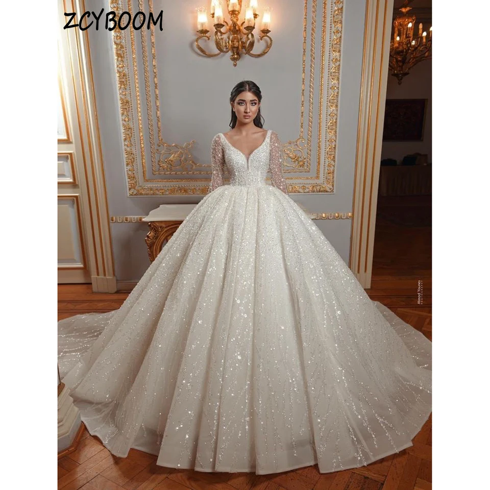 Top Trends: Luxury Sequin V-Neck Long Sleeves Wedding Dress 2023 Ball Gown Floor Length Sweep Train Tulle Zipper Custom Made Bridal Gown Shoppable Styles