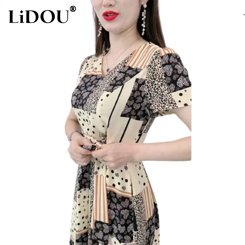 Top Trends: Summer New Women&#039;s Elegant Printing Lace Up Robe Ladies Korean Fashion Short Sleeve Dress Female V-neck Waist Vestidos De Fiesta Shoppable Styles