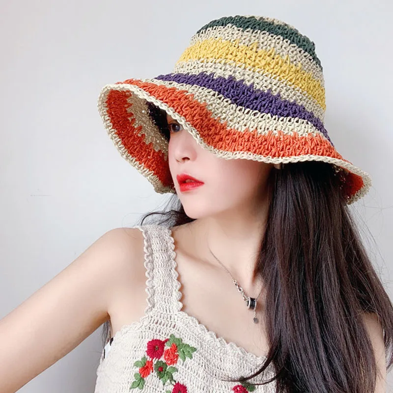 Top Trends: Summer Rainbow Striped Crochet Beach Bucket Hat Women Crochet Foldable Parent-child Panama Hat Female Beach Sun Visor Cap Shoppable Styles