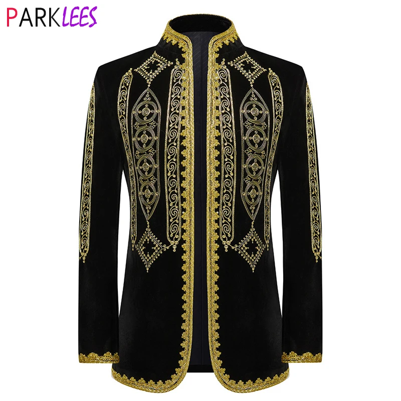 Top Trends: Luxury Baroque Floral Embroidery Velvet Suit Jacket Men Stand Collar Slim Fit Cardigan Blazer Jacket For Party Wedding Dinner Shoppable Styles