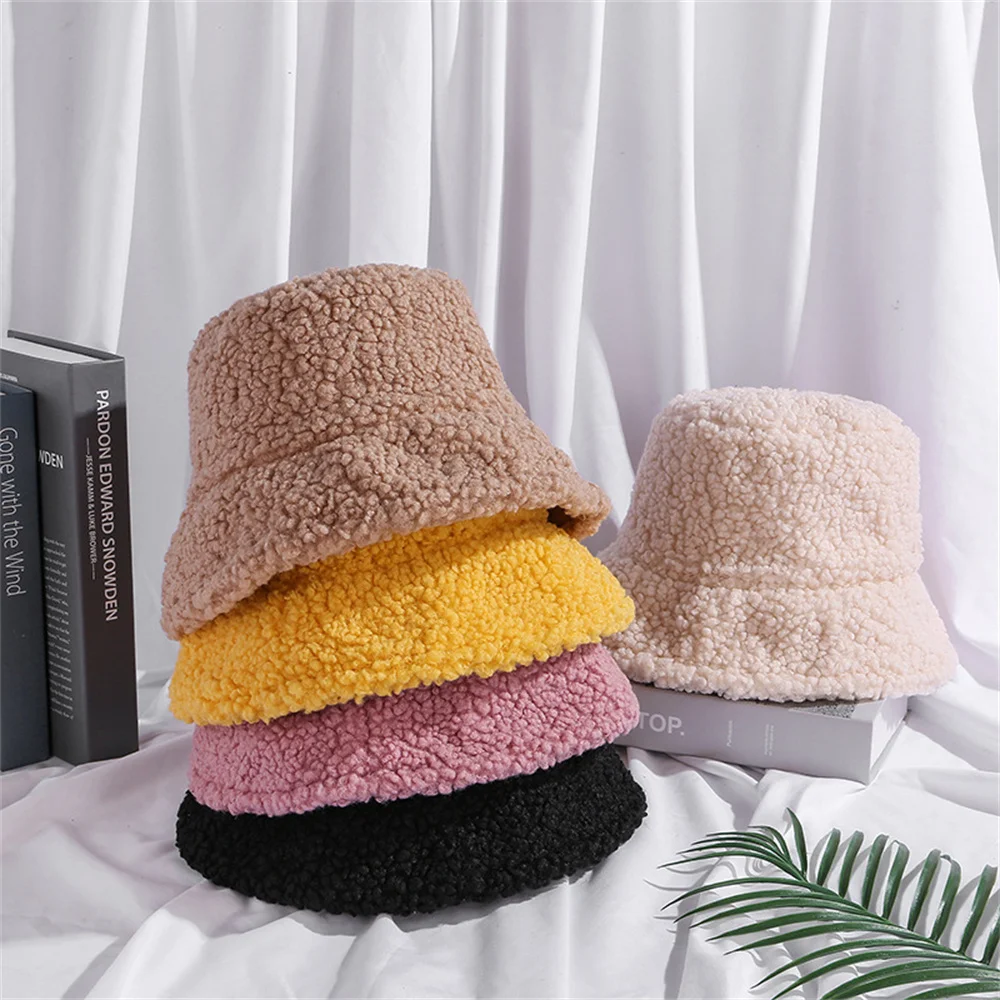 Top Trends: Winter Warm Bucket Hat Woman New Fisherman Hats Double-sided Wearing Lamb Wool Hat Solid Fleece Female Casual Cashmere Basin Cap Shoppable Styles