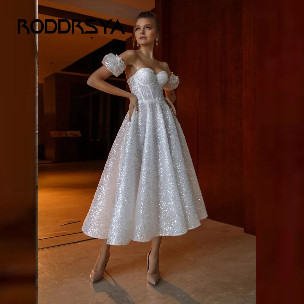 Top Trends: RODDRSYA Short Sexy Sweetheart Sequin Summer Wedding Dress With Detachable Short Sleeves Tea-Length Robe De Gittler Sheer Back Shoppable Styles