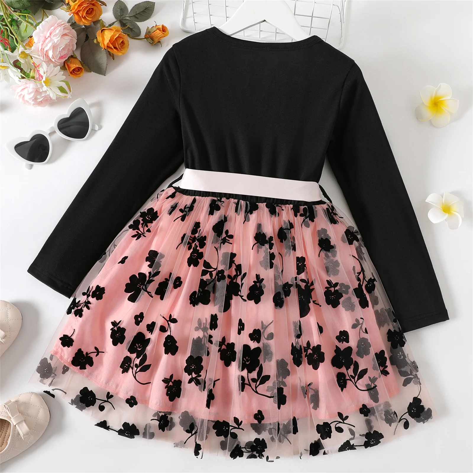 Top Trends: PatPat Kid Girl Dresses Floral Embroidered Belted Mesh Splice Long-sleeve Dress Kids Clothes Shoppable Styles - Image 4