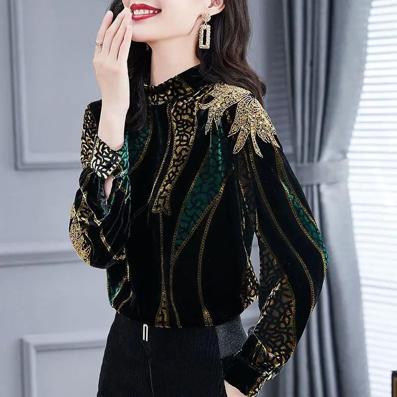 Top Trends: Fashion Sequined Velvet Blouse Autumn Winter New Vintage Printed Women's Clothing Long Sleeve Casual Stand Collar Straight Shirt Shoppable Styles