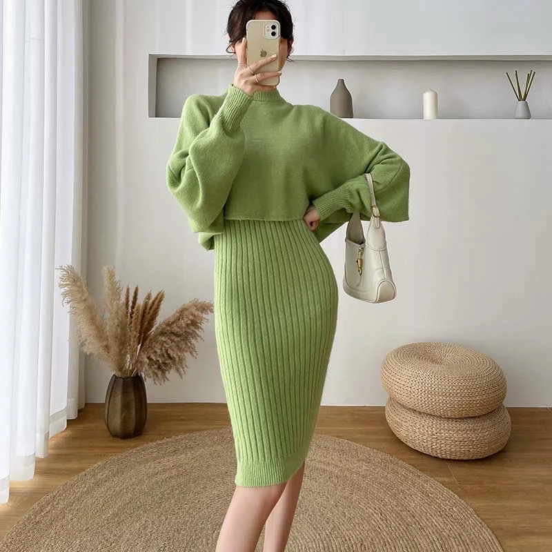 Top Trends: Autumn Winter Sweater Dress Two Piece Women Fashion New Office Ladies Sets Knitted Pullover Sweater + Vest Dress Shoppable Styles - Image 3