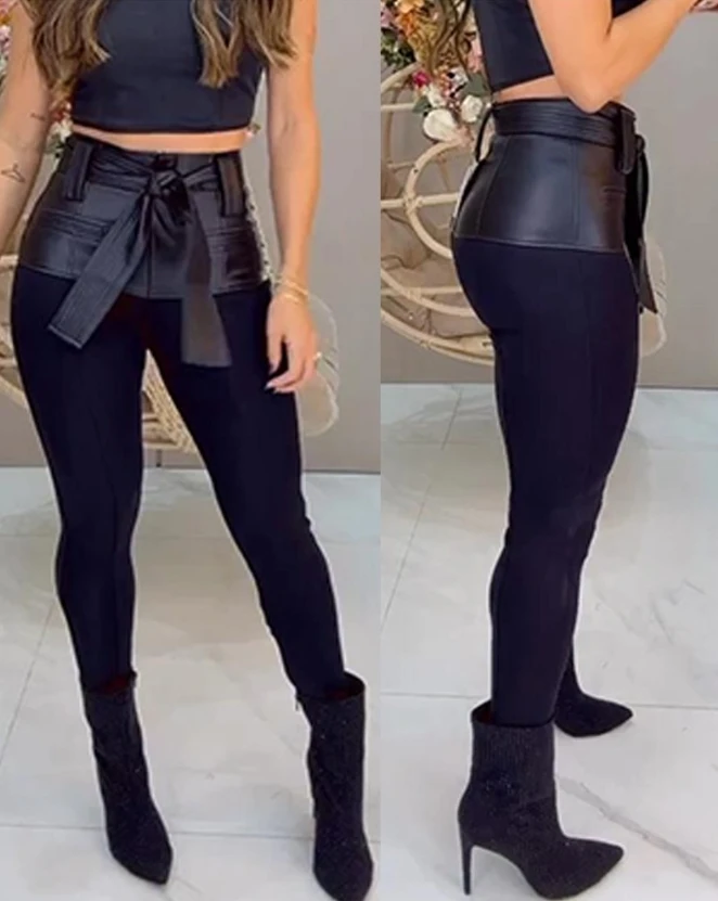 Top Trends: Women&#039;s Pants Spring Fashion Pu Leather Patch Casual High Waist Plain Skinny Daily Long Pants Y2K Streetwear With Belt Shoppable Styles