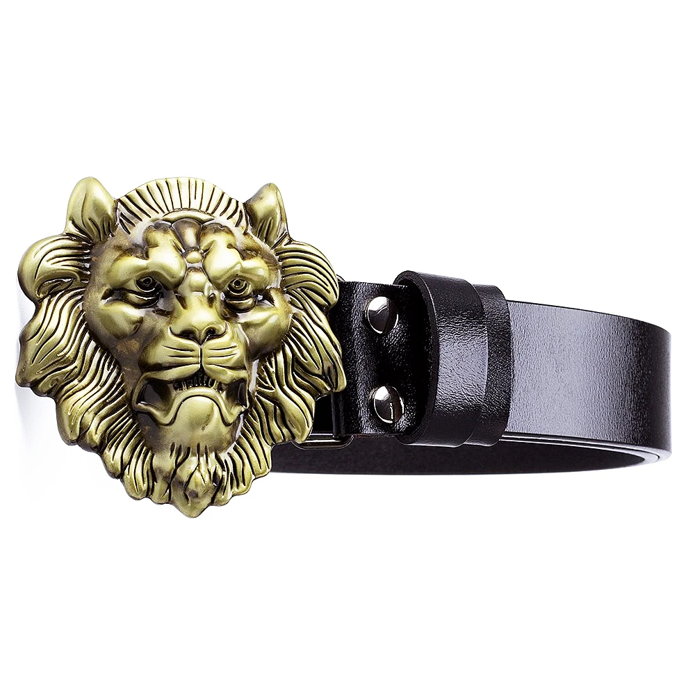 Top Trends: Fashion Men Belt Big Lion&#039;s Head Golden Buckle Cowskin Leaether Male Lion Pattern Casual Pants Belts Shoppable Styles