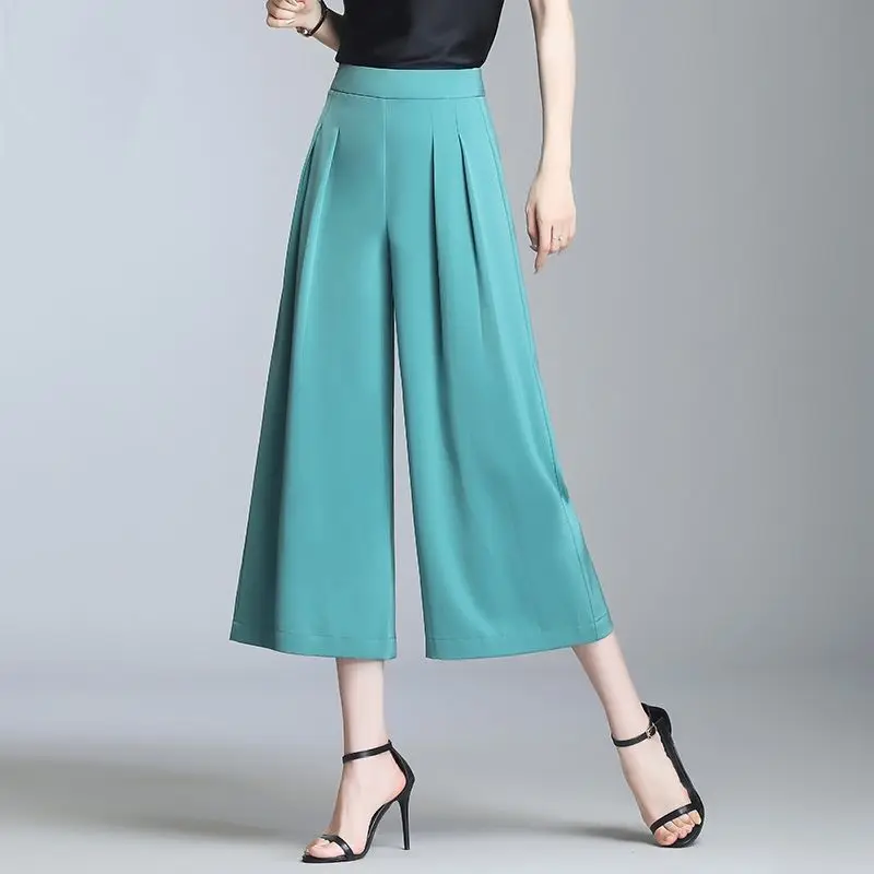 Top Trends: Women Summer Loose Satin Wide Leg Trousers Elastic Band High Waist Solid Fashion Female Casual Thin Oversize Calf-length Pants Shoppable Styles