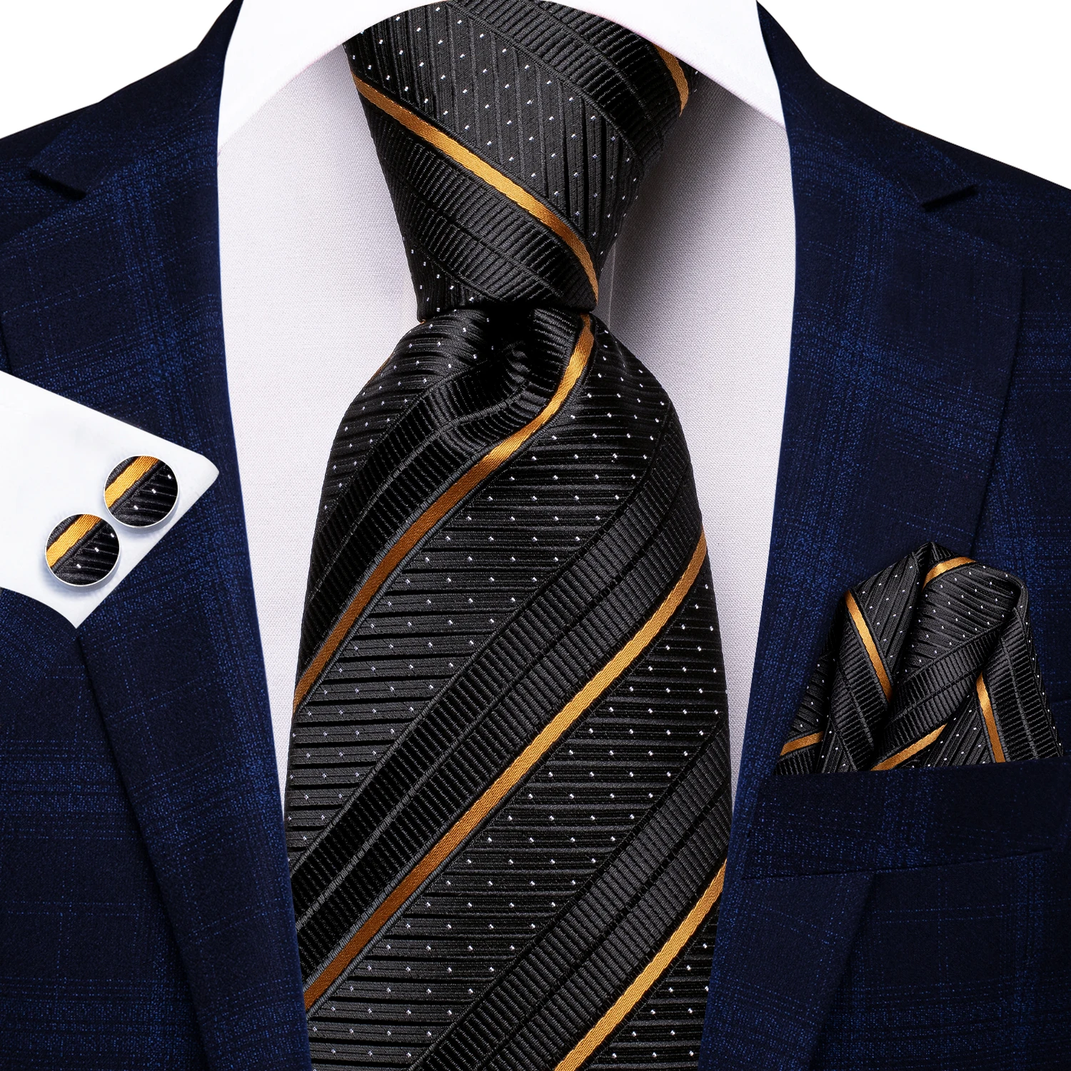 Top Trends: Black Gold Striped Silk Wedding Tie For Men Gift Mens Necktie Handky Cufflink Set Fashion Business Party Dropship Hi-Tie Design Shoppable Styles