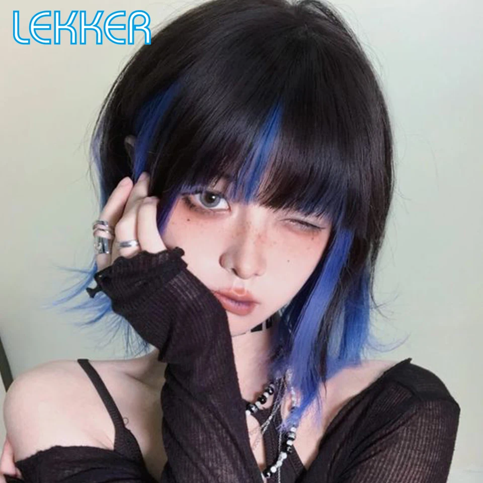 Top Trends: Lekker Wear To Go Highlight Blue Short Straight Bob Human Hair Wigs With Bangs For Women Brazilian Remy Hair Colored Cosplay Wig Shoppable Styles