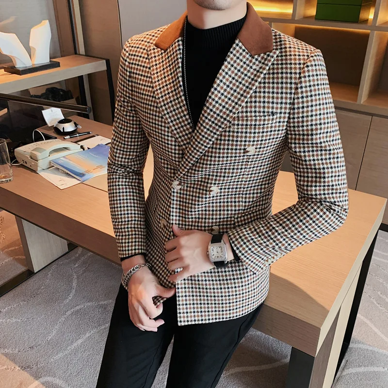 Top Trends: Men&#039;s Double-Breasted Business Casual Suit Jacket With Plaid Patchwork Design, Men Blazer Slim Fit , Blazer Verde Hombre Shoppable Styles