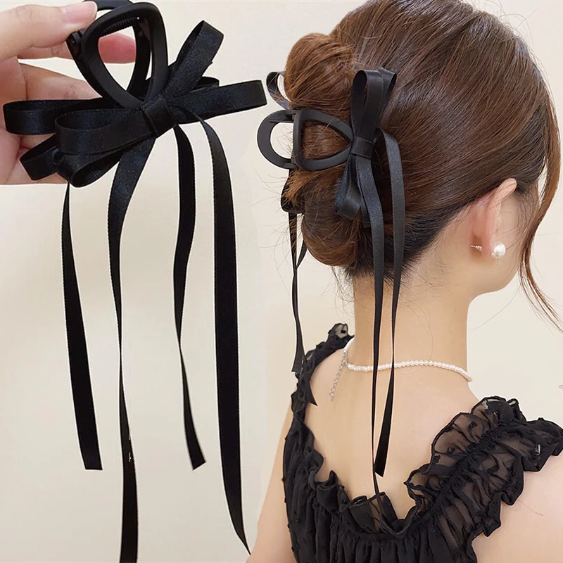 Top Trends: Vintage Long Satin Hairpins Big Velvet Bow Fashion Elegant Women Black Bowknot Hair Claw Hair Clips Korean Hair Accessories Shoppable Styles