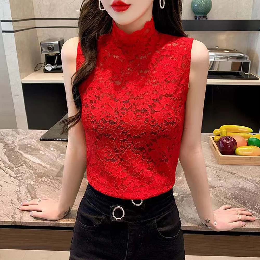 Top Trends: Flower Lace Female Blouses Vest S-XL Spring Summer Elastic T Shirt Girl Rose Lace Turtleneck Sleeveless Women Bottoming Tanks Shoppable Styles