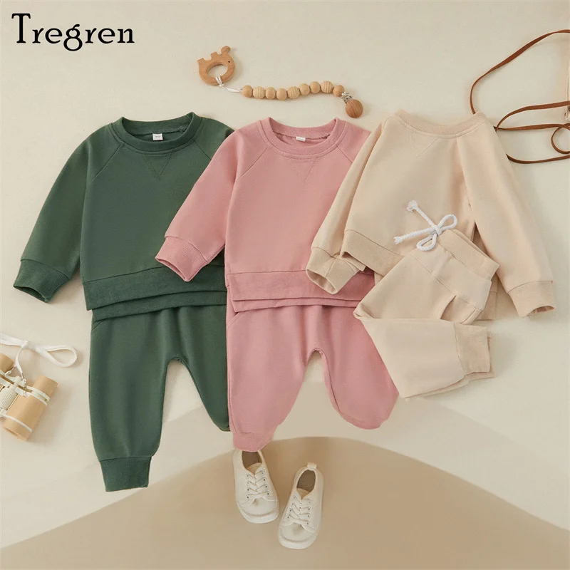 Top Trends: Tregren 0-3Years Toddler Baby Boys Clothes Fall Outfits Solid Color Crew Neck Long Sleeve Sweatshirts Pants 2Pcs Set Tracksuit Shoppable Styles