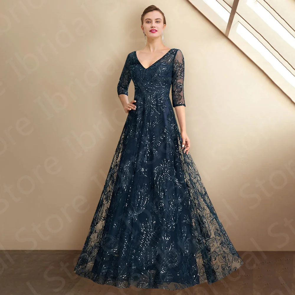 Top Trends: Charming 2023 Dark Navy Mother Of The Bride Gowns Lace Dresses V Neckline 3 / 4 Sleeve Sequin Wedding Party Back Out Shoppable Styles