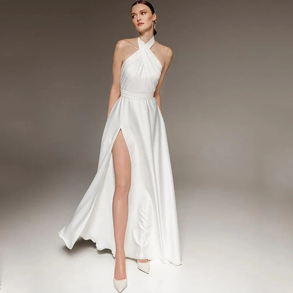 Top Trends: Simple Halter Pleat High Slit Wedding Dress Sleeveless Sexy Open Back A-Line With Belt Bridal Chic Gowns For Register Marriage Shoppable Styles